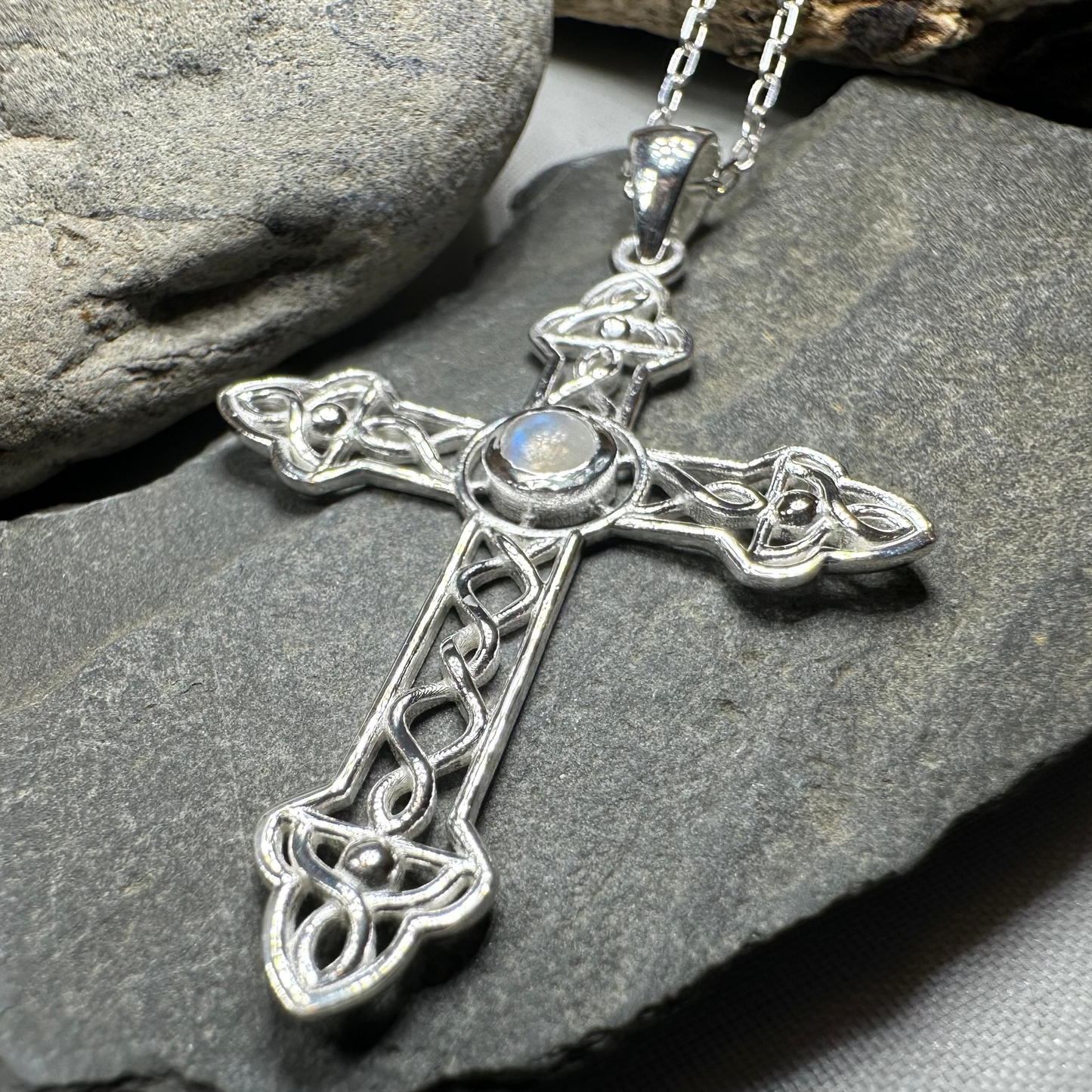 Gratitude Celtic Cross Moonstone Necklace in Sterling Silver — view 6