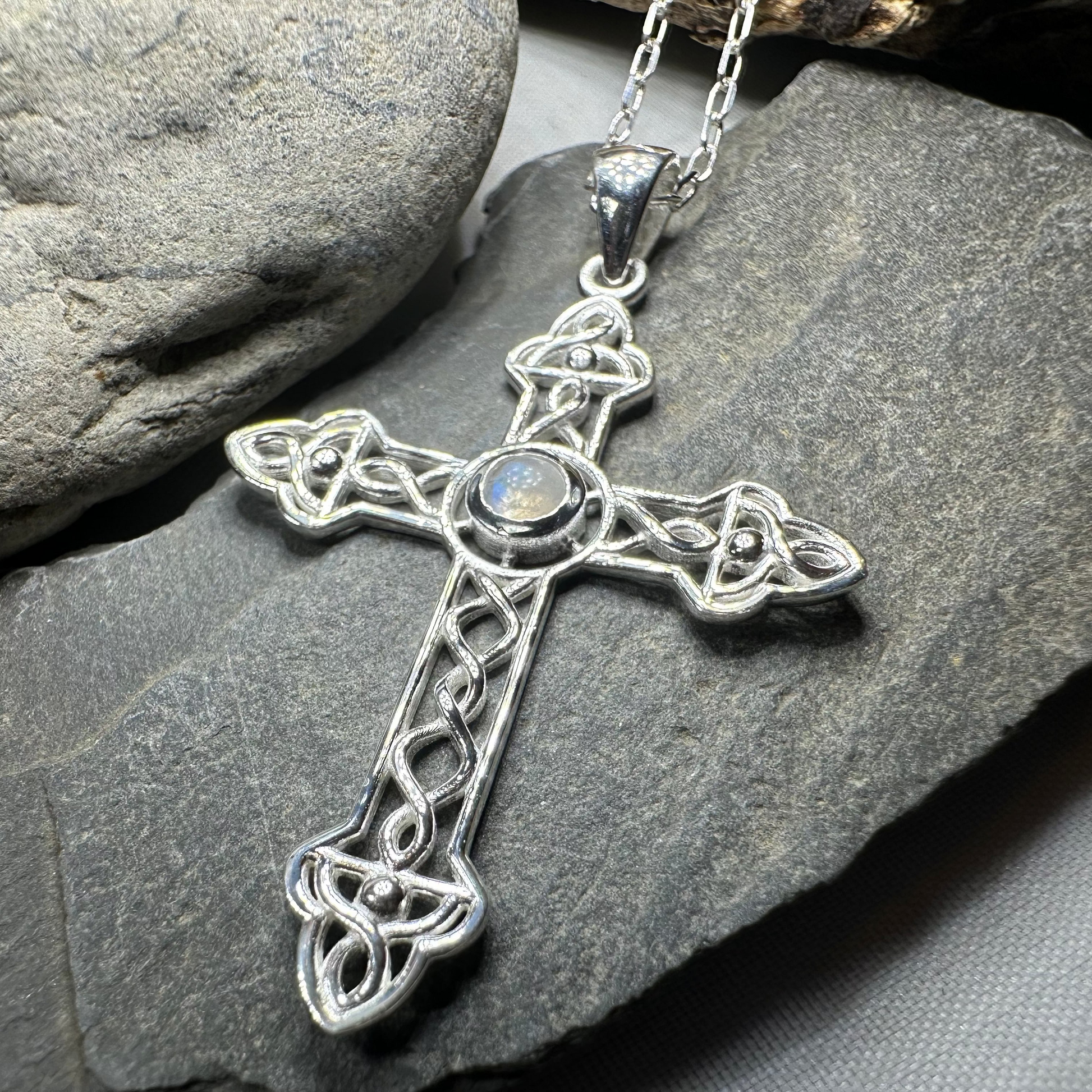 Gratitude Celtic Cross Moonstone Necklace in Sterling Silver — view 3