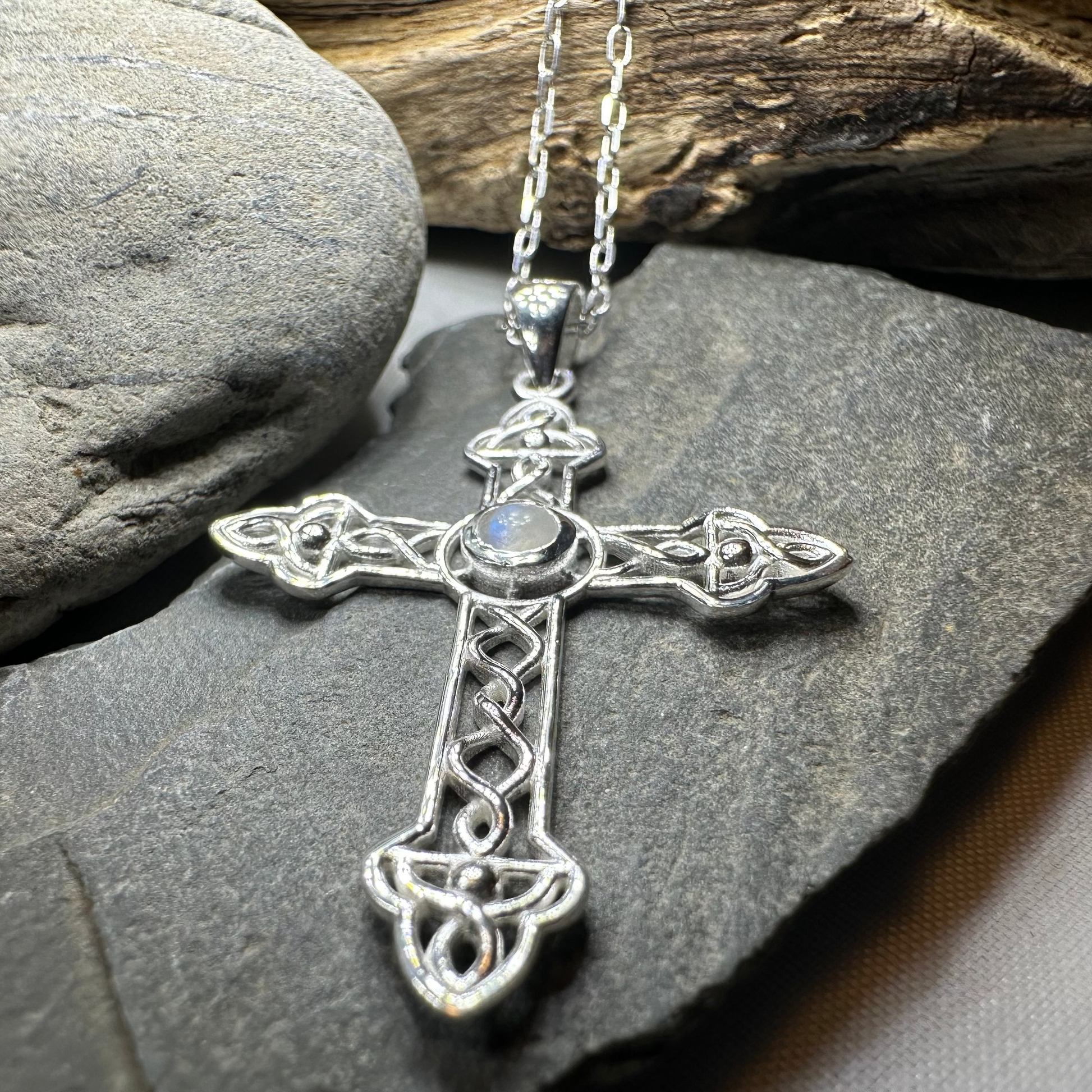 Gratitude Celtic Cross Moonstone Necklace in Sterling Silver — view 4