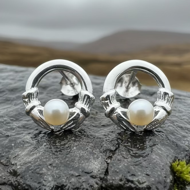 Straffan Claddagh Pearl Stud Earrings in sterling silver