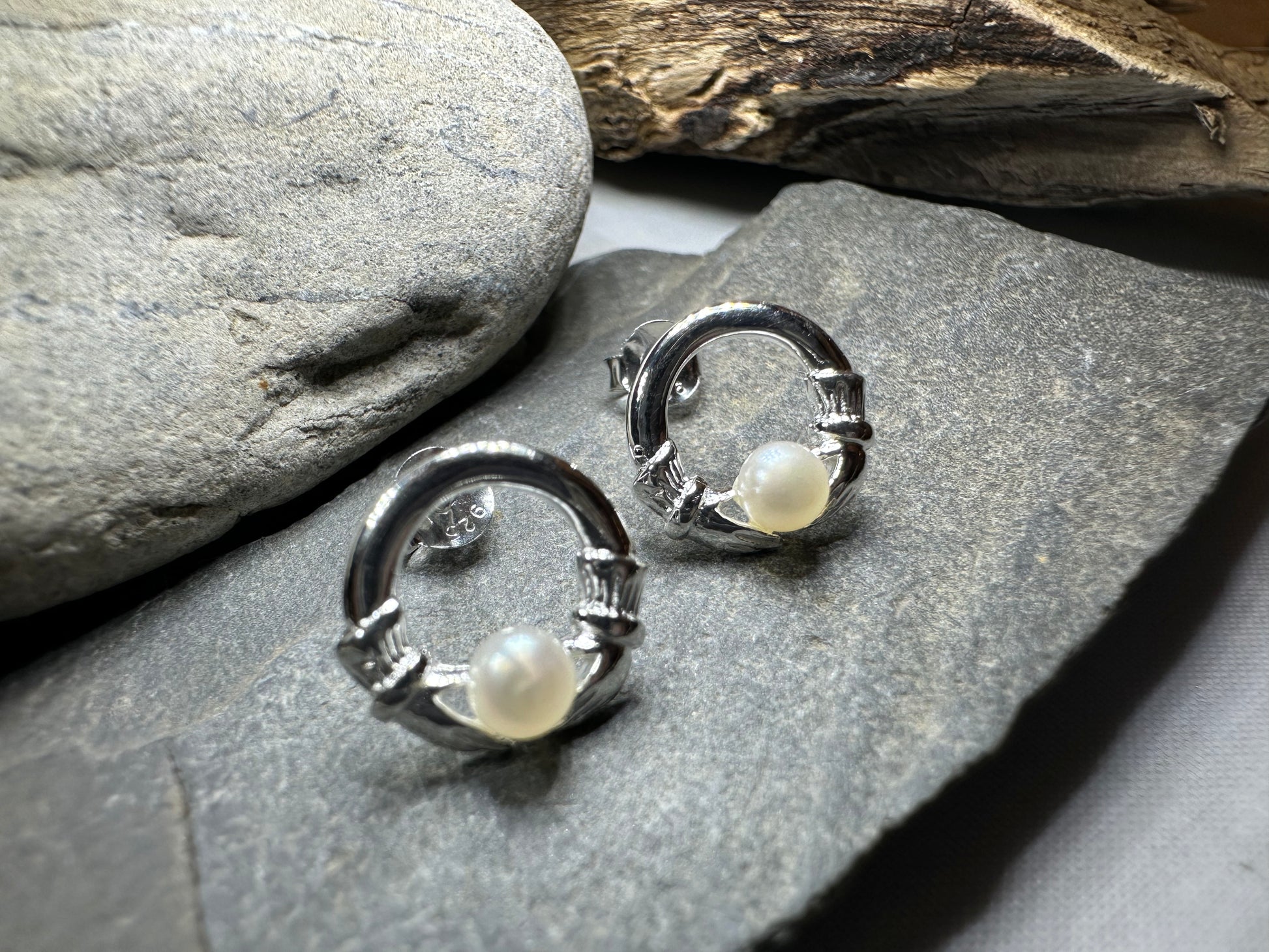 Straffan Claddagh Pearl Stud Earrings — view 2
