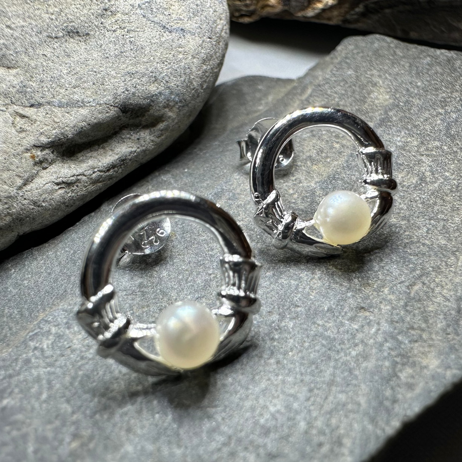 Straffan Claddagh Pearl Stud Earrings