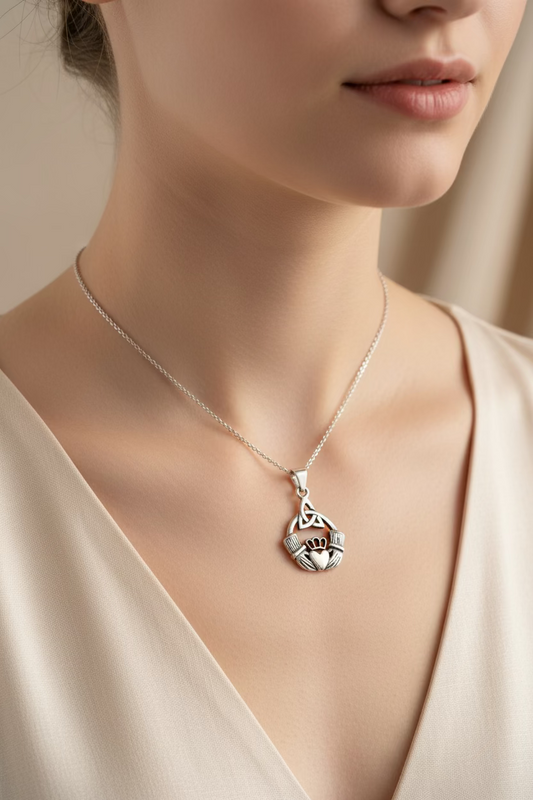Ireland Claddagh Trinity Knot Necklace in Sterling Silver