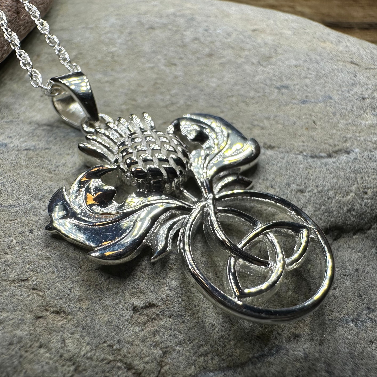 Scottish Thistle Trinity Knot Necklace in Sterling Silver
