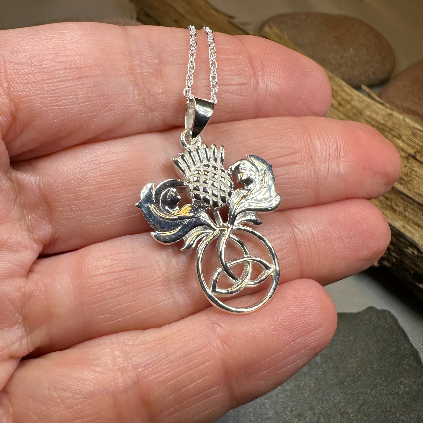 Scottish Thistle Trinity Knot Necklace in Sterling Silver
