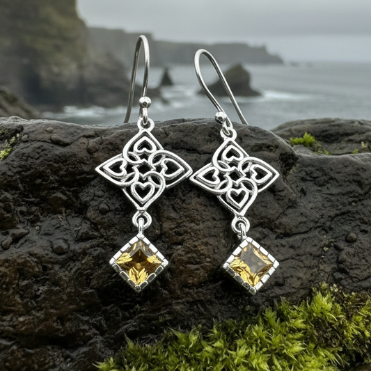 Celtic Love Knot Citrine Earrings in Sterling Silver