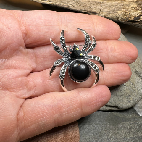 Load image into Gallery viewer, Gothic Marcasite Spider Brooch in Sterling Silver
