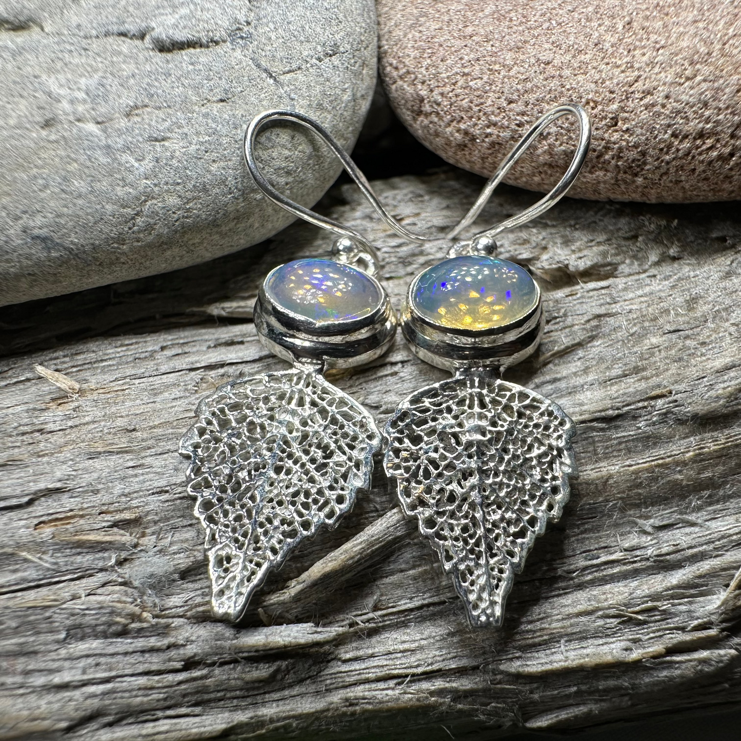 Celtic Leaf Opal Earrings — view 3