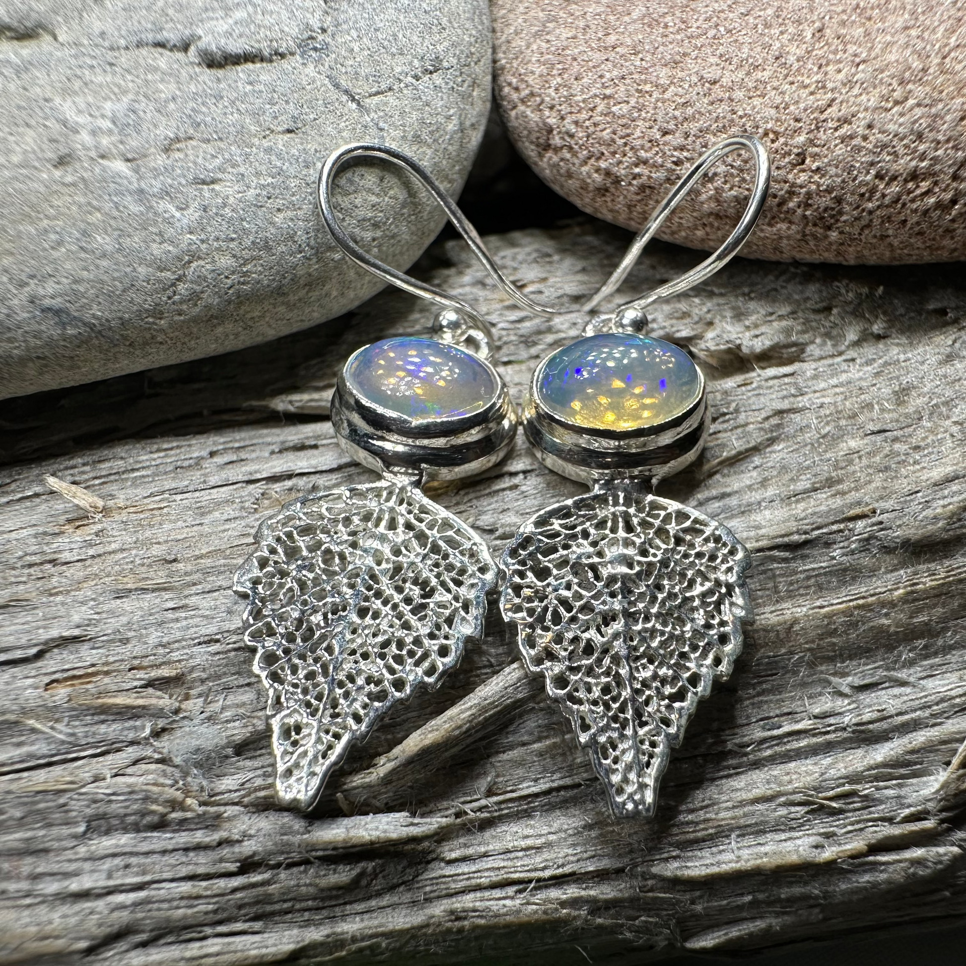 Celtic Leaf Opal Earrings — view 3