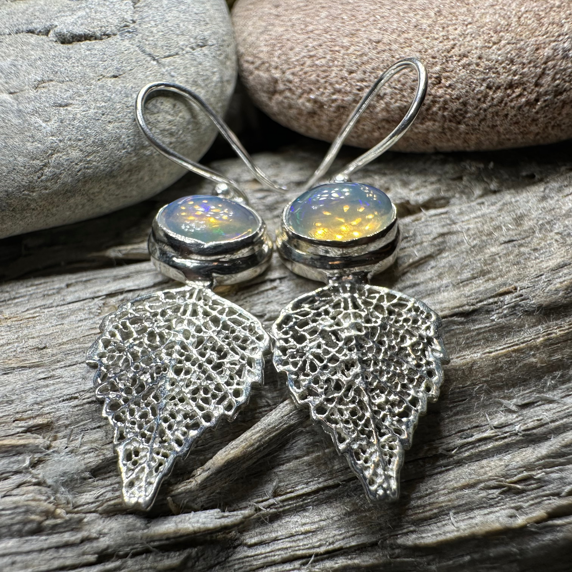 Celtic Leaf Opal Earrings in sterling silver