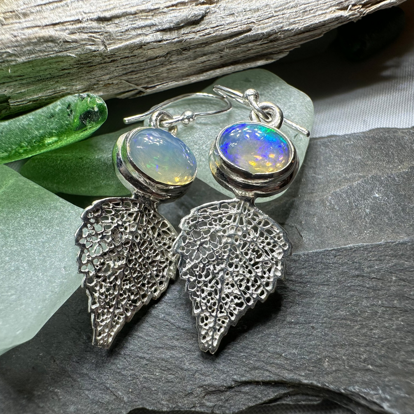 Celtic Leaf Opal Earrings — view 2
