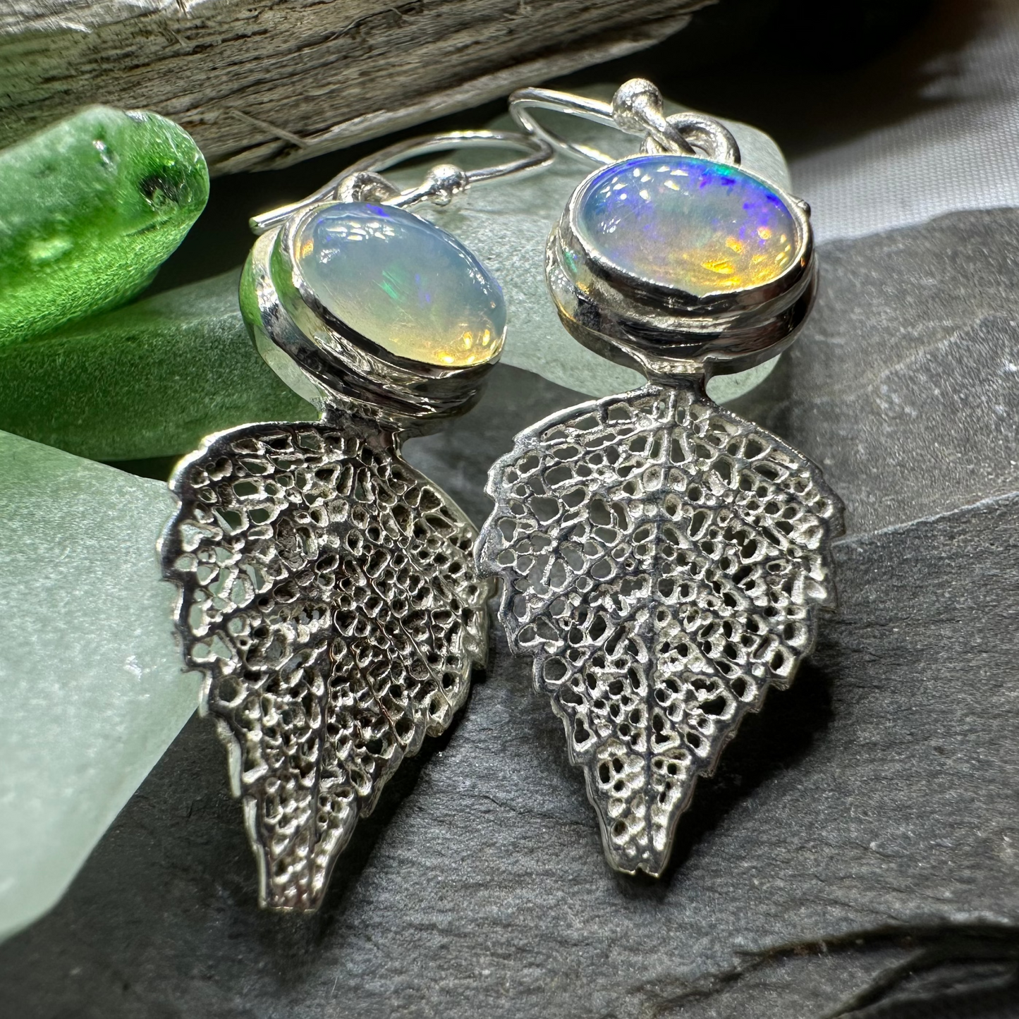 Celtic Leaf Opal Earrings — view 6