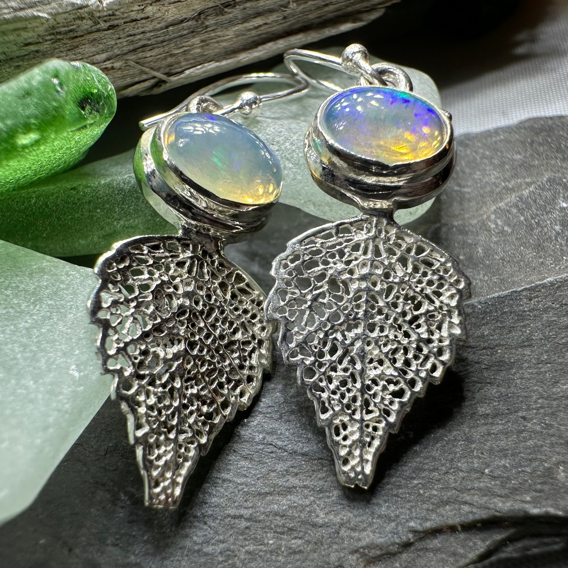 Celtic Leaf Opal Earrings — view 6