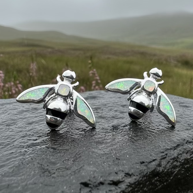Opal Bee Stud Earrings in sterling silver