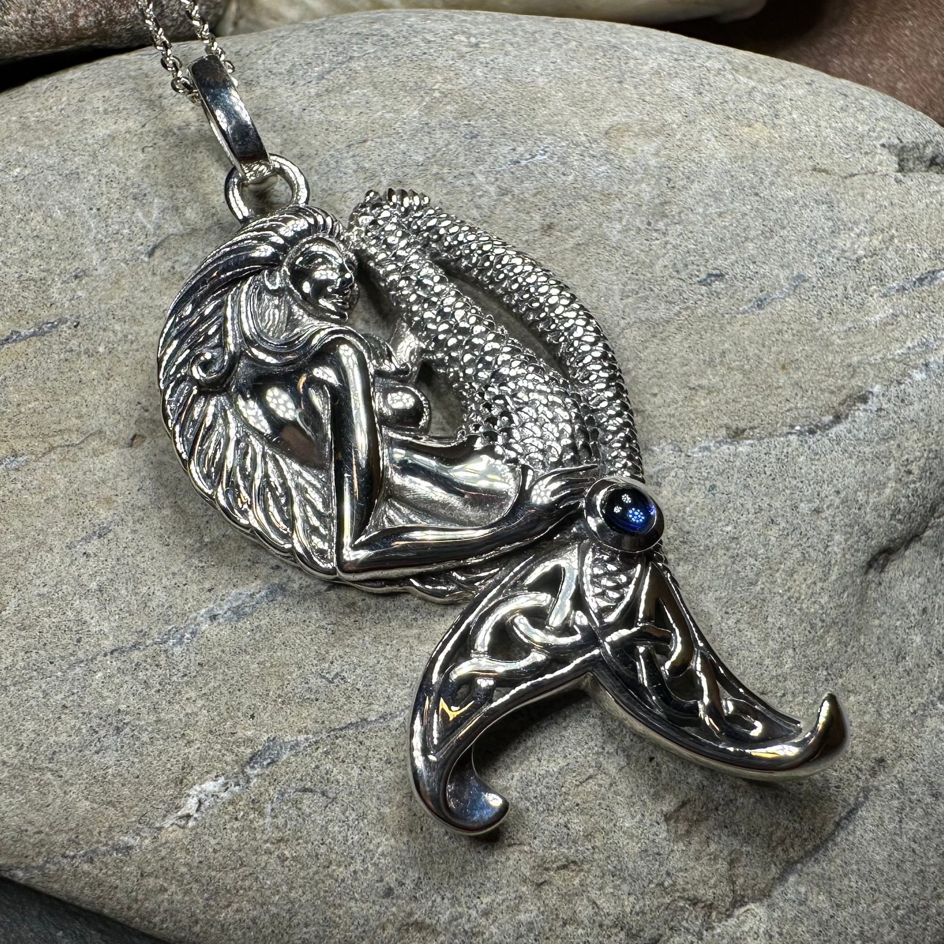 Eldoris Sapphire Celtic Mermaid Necklace in Sterling Silver — view 6