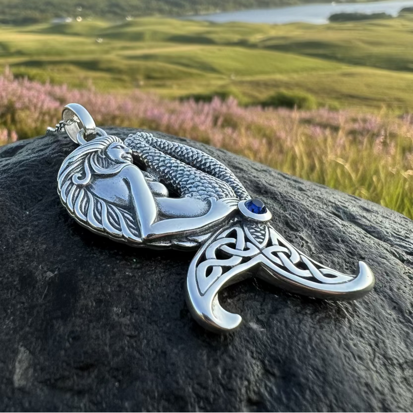 Eldoris Sapphire Celtic Mermaid Necklace in Sterling Silver