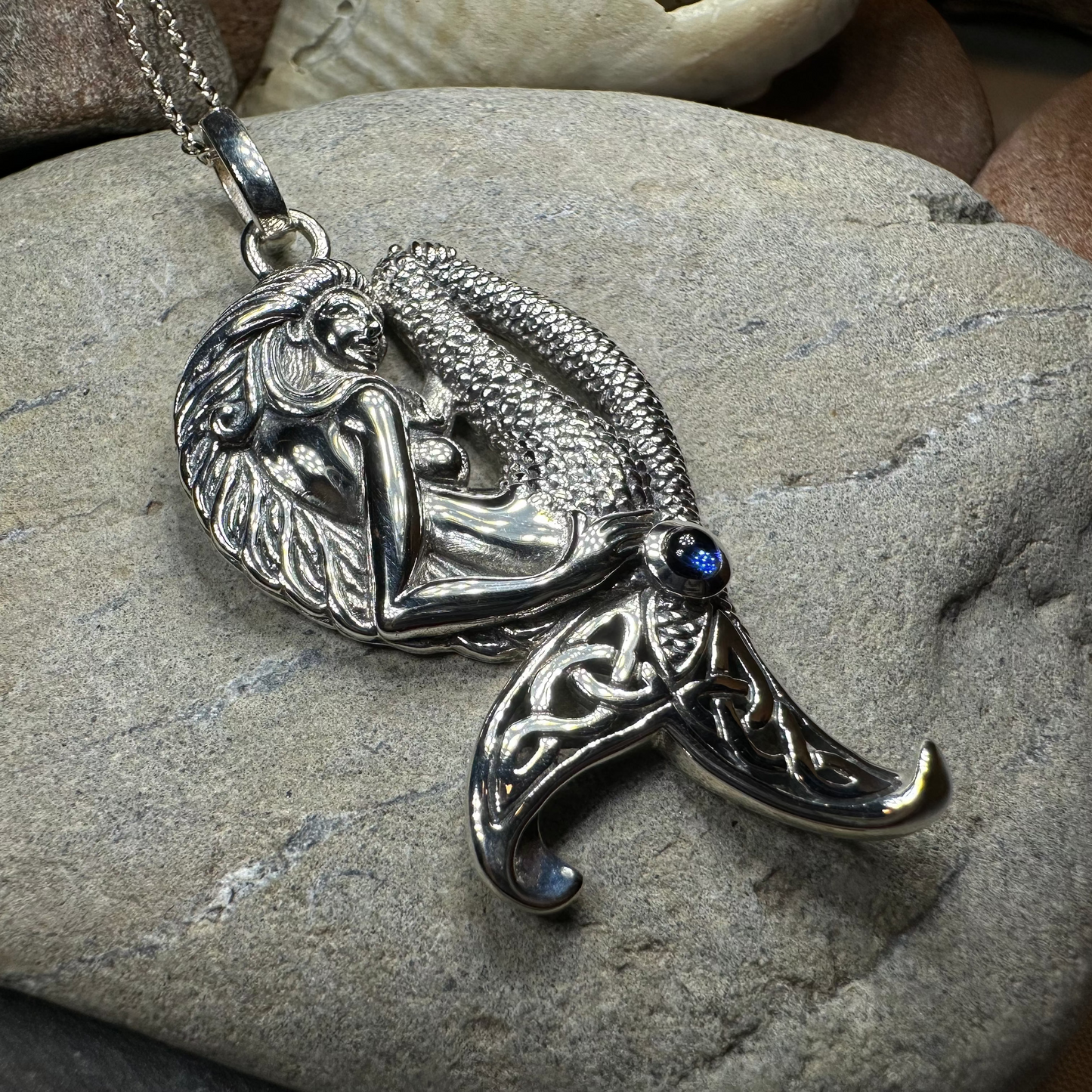 Eldoris Sapphire Celtic Mermaid Necklace in Sterling Silver — view 4