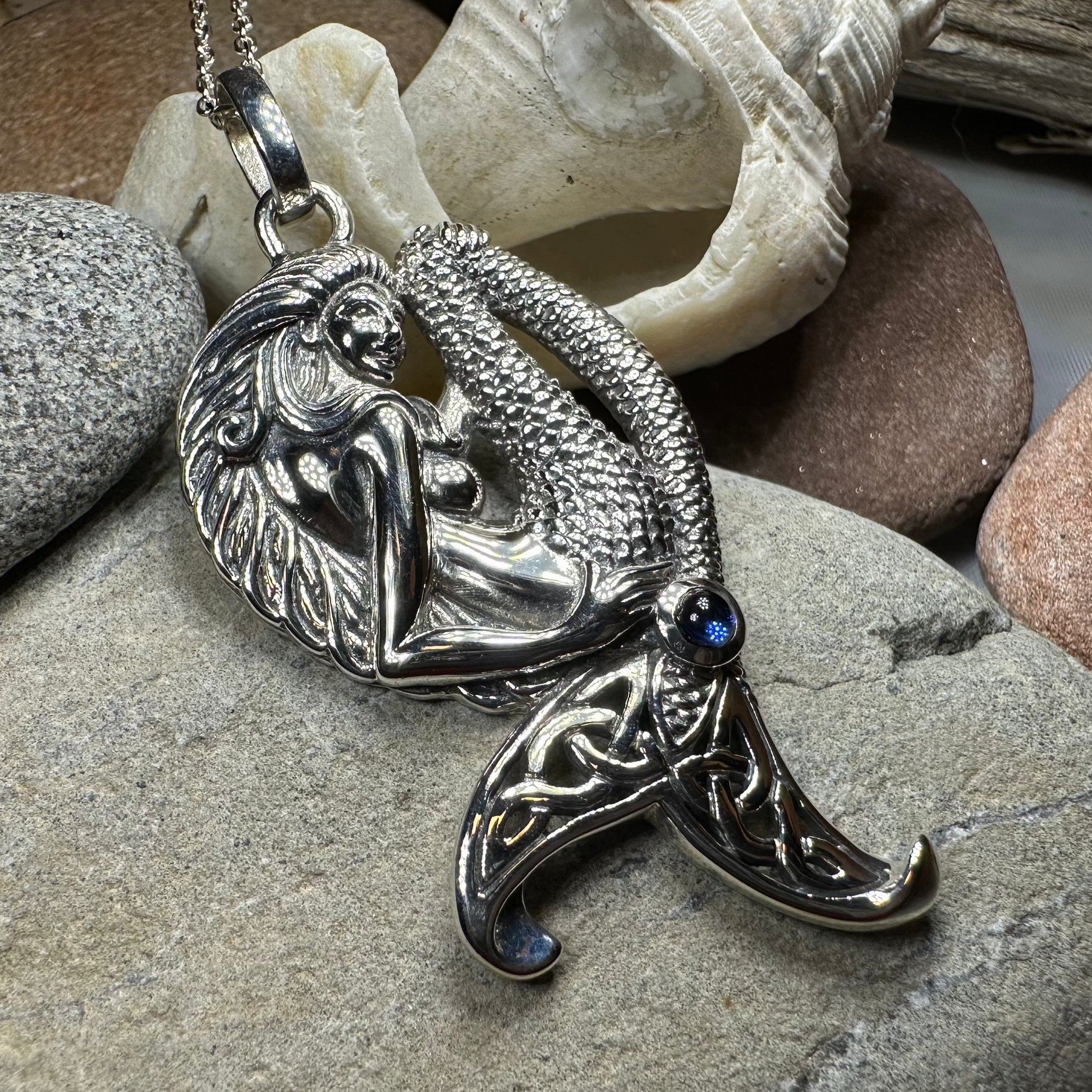 Eldoris Sapphire Celtic Mermaid Necklace in Sterling Silver — view 7