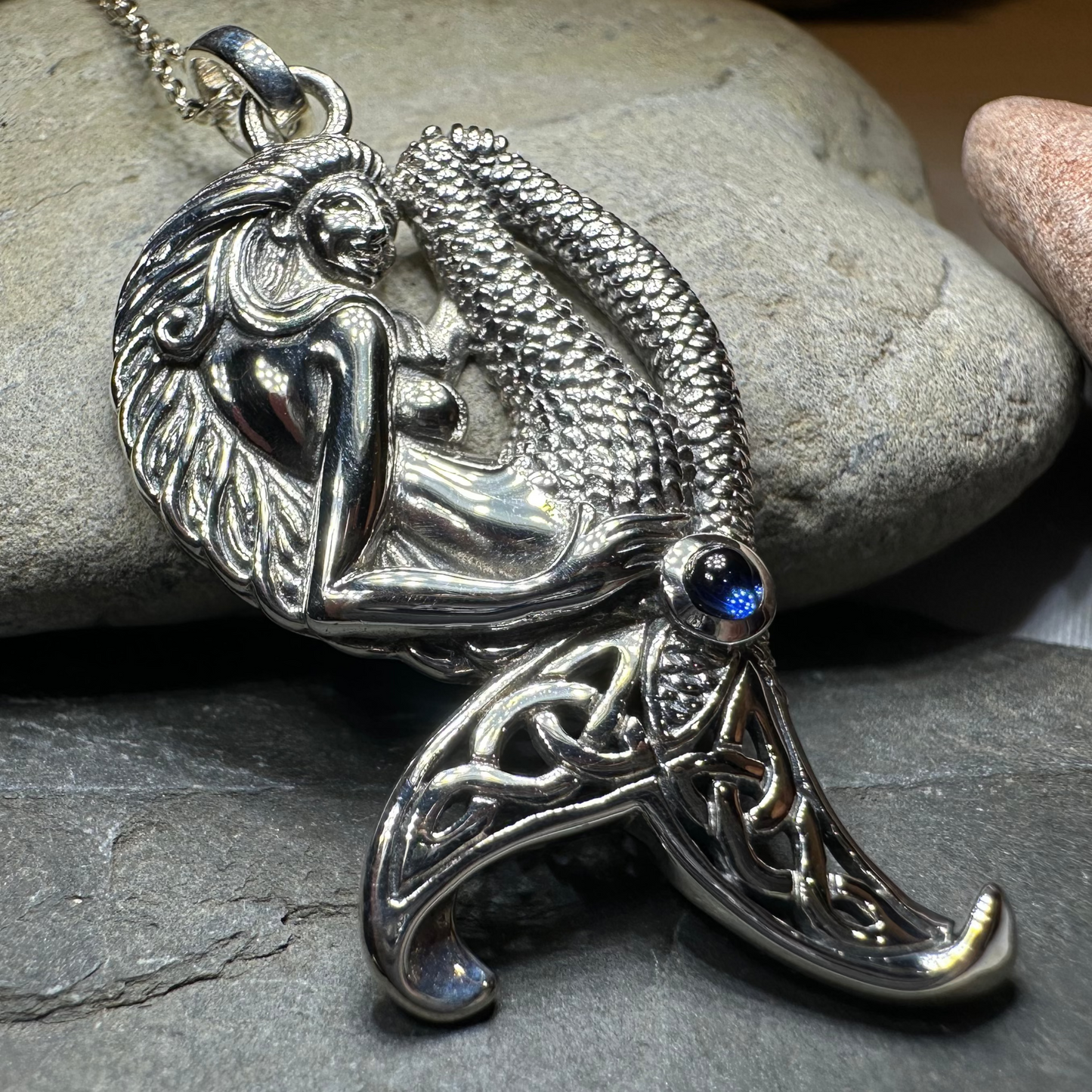 Eldoris Sapphire Celtic Mermaid Necklace in Sterling Silver — view 2