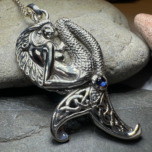 Eldoris Sapphire Celtic Mermaid Necklace in Sterling Silver