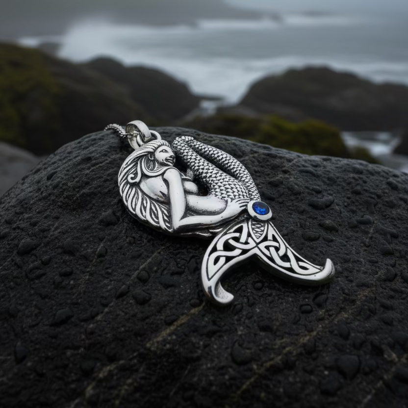 Eldoris Sapphire Celtic Mermaid Necklace in Sterling Silver — view 3