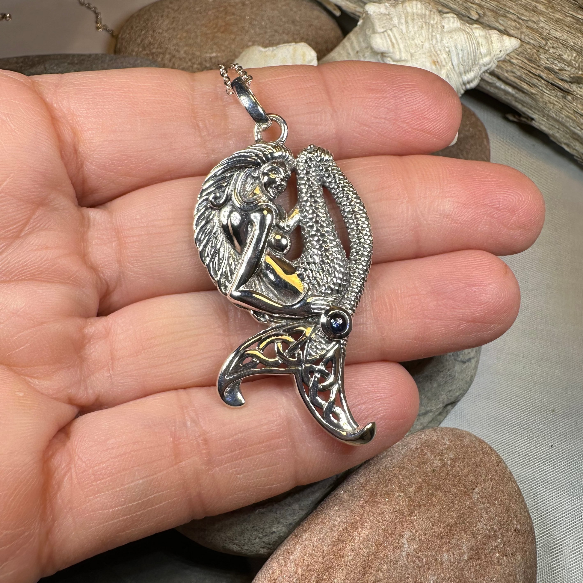Eldoris Sapphire Celtic Mermaid Necklace in Sterling Silver — view 5