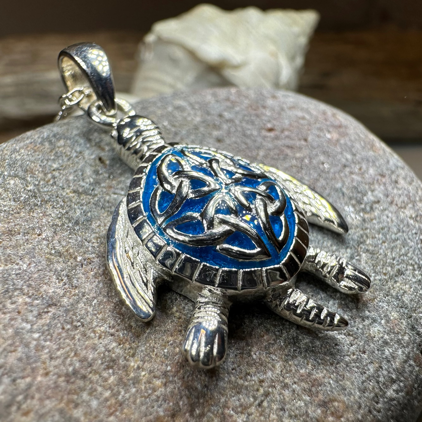 Blue Celtic Turtle Necklace in Sterling Silver