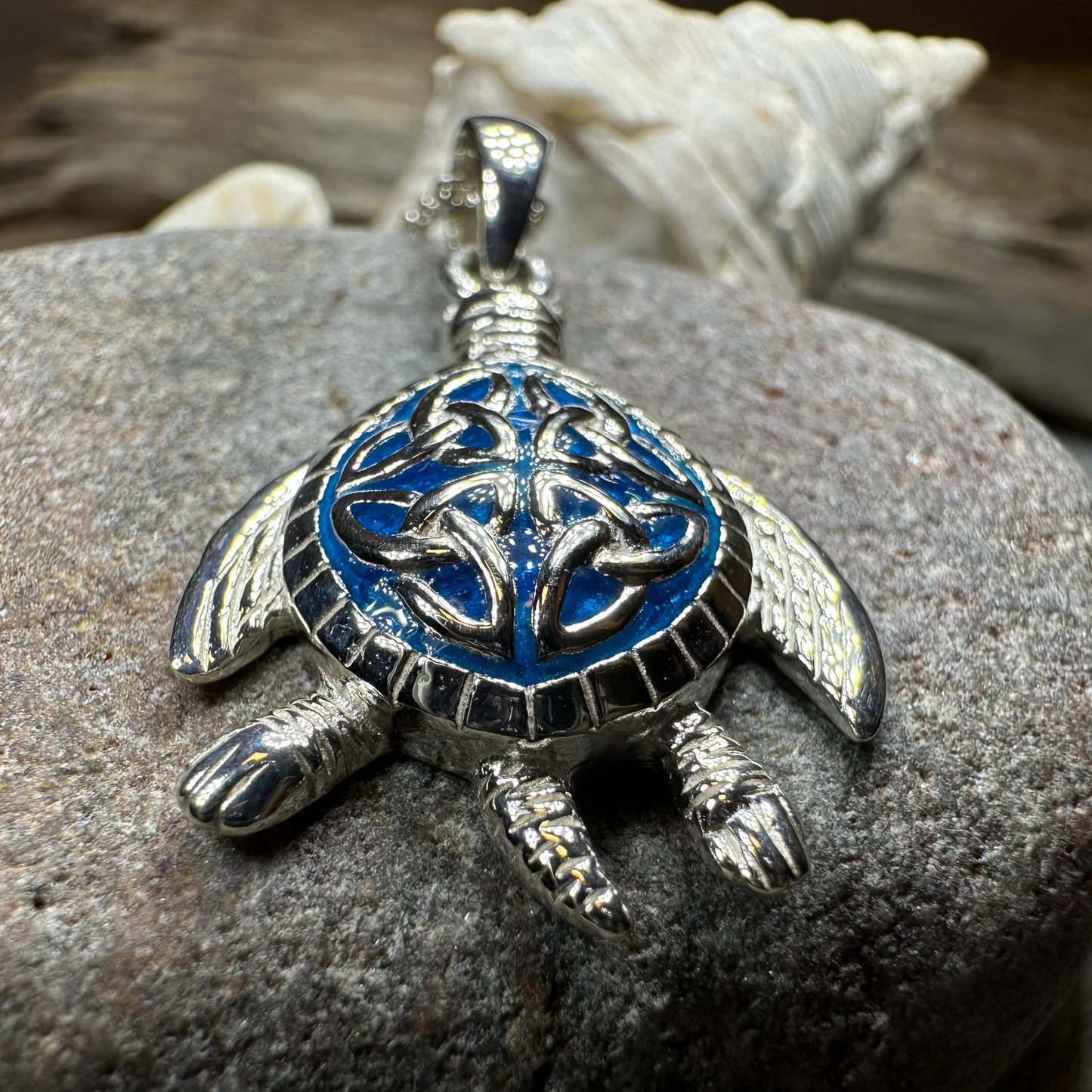 Blue Celtic Turtle Necklace in Sterling Silver
