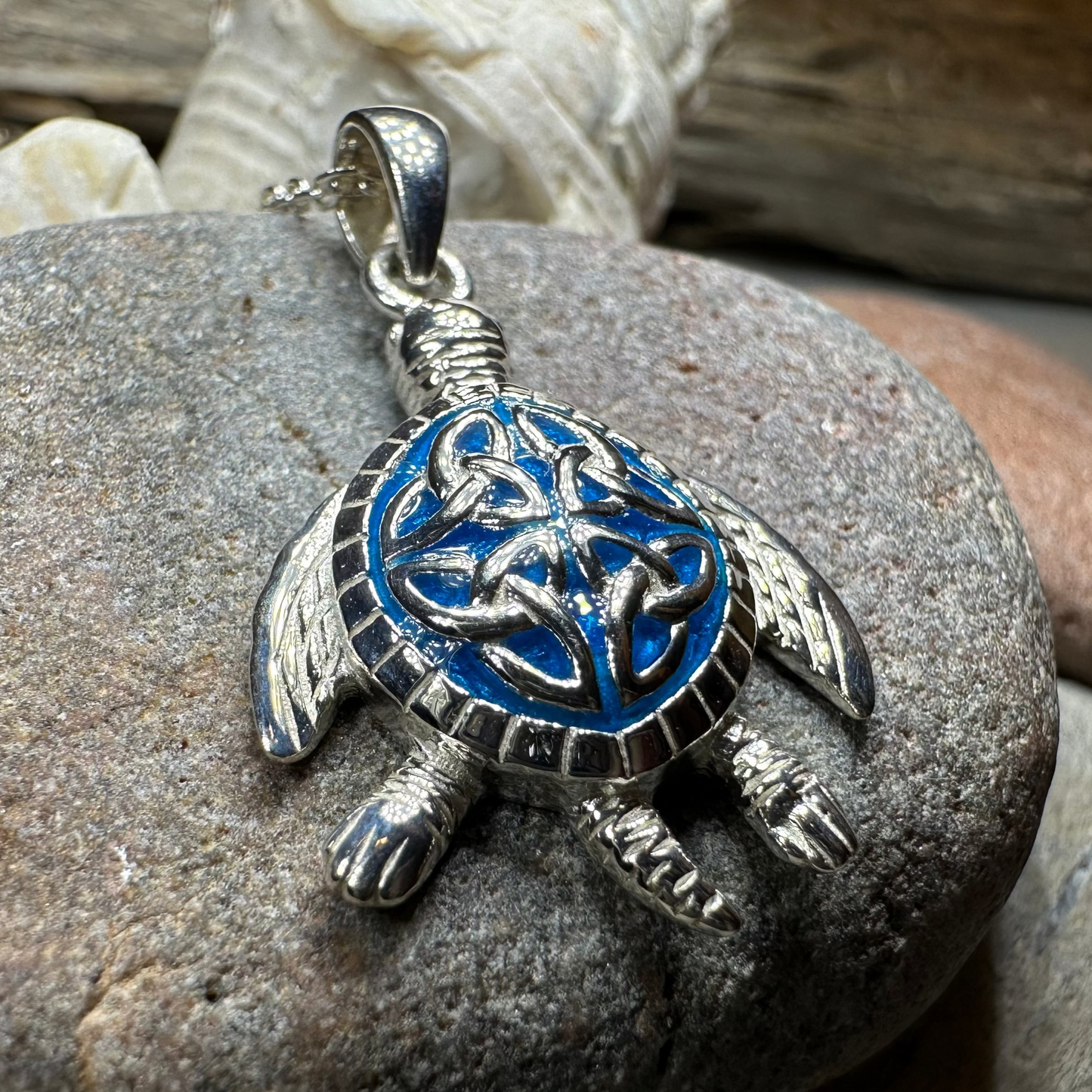 Blue Celtic Turtle Necklace in Sterling Silver