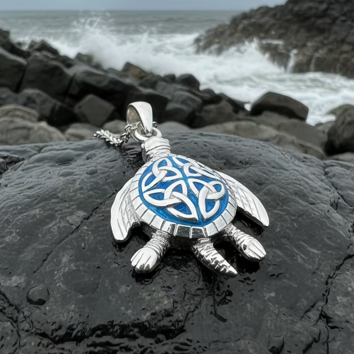 Blue Celtic Turtle Necklace in Sterling Silver