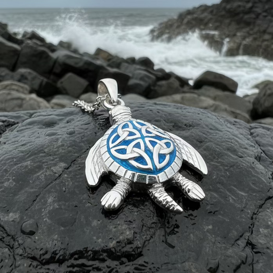 Blue Celtic Turtle Necklace in Sterling Silver