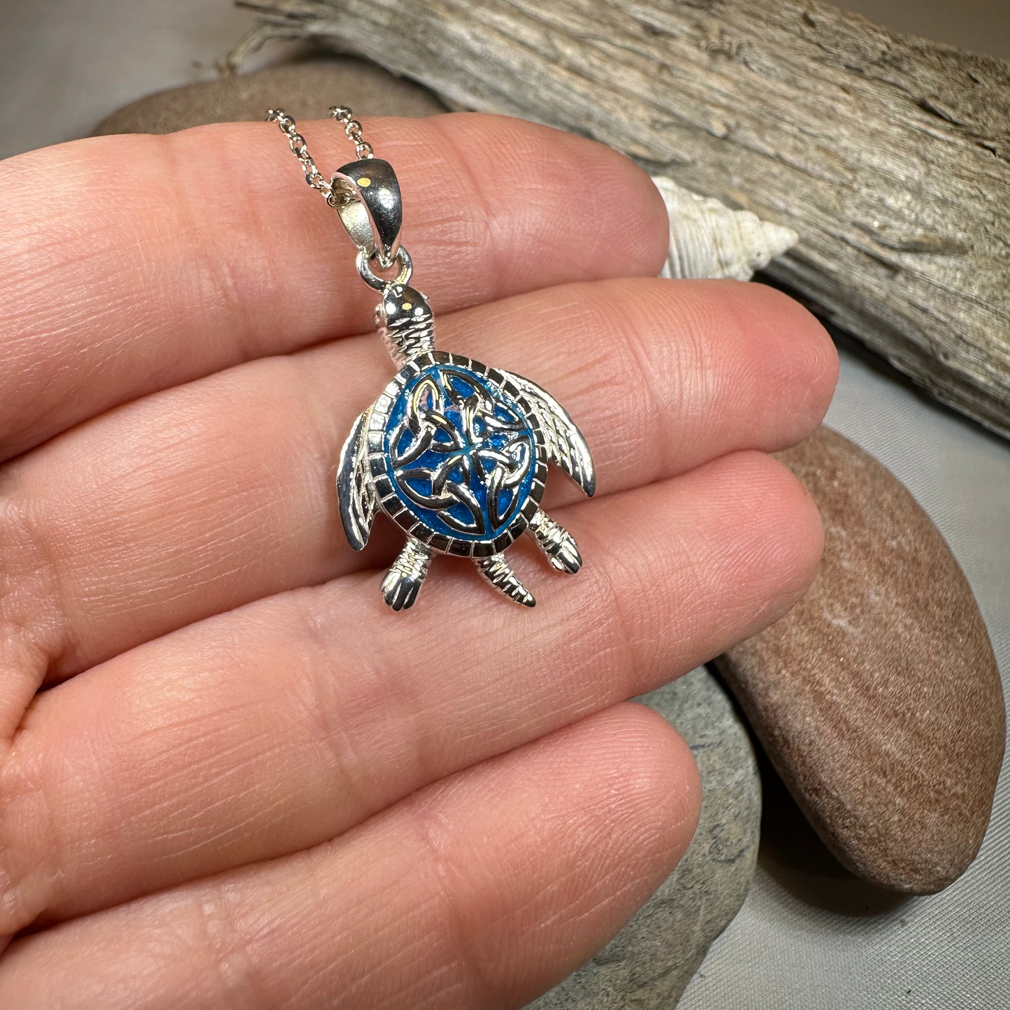 Blue Celtic Turtle Necklace in Sterling Silver