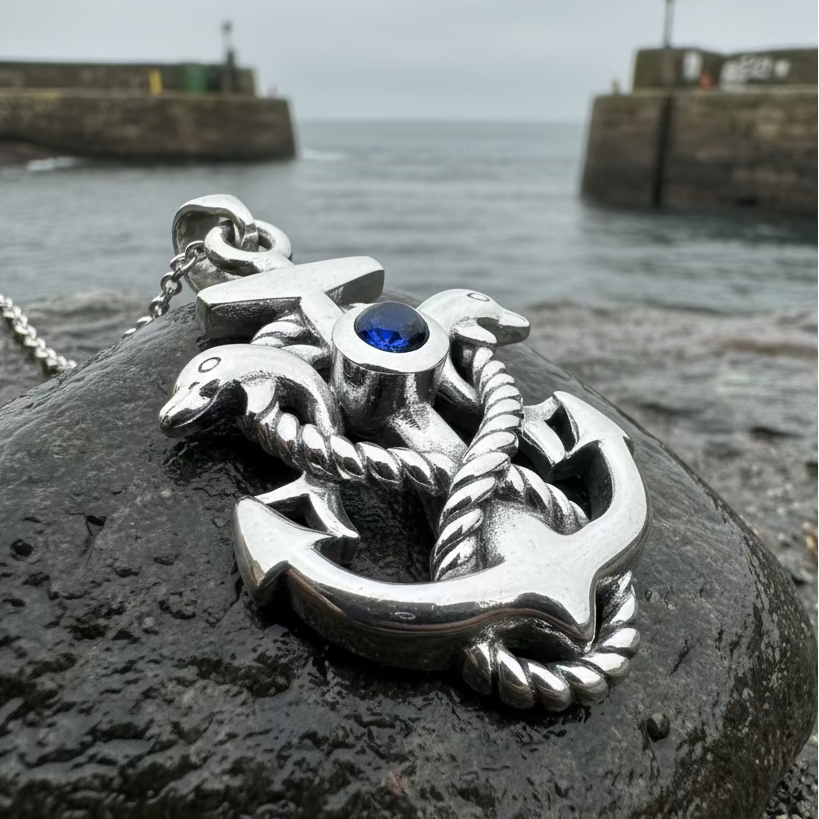 Dolphin Anchor Necklace in Sterling Silver