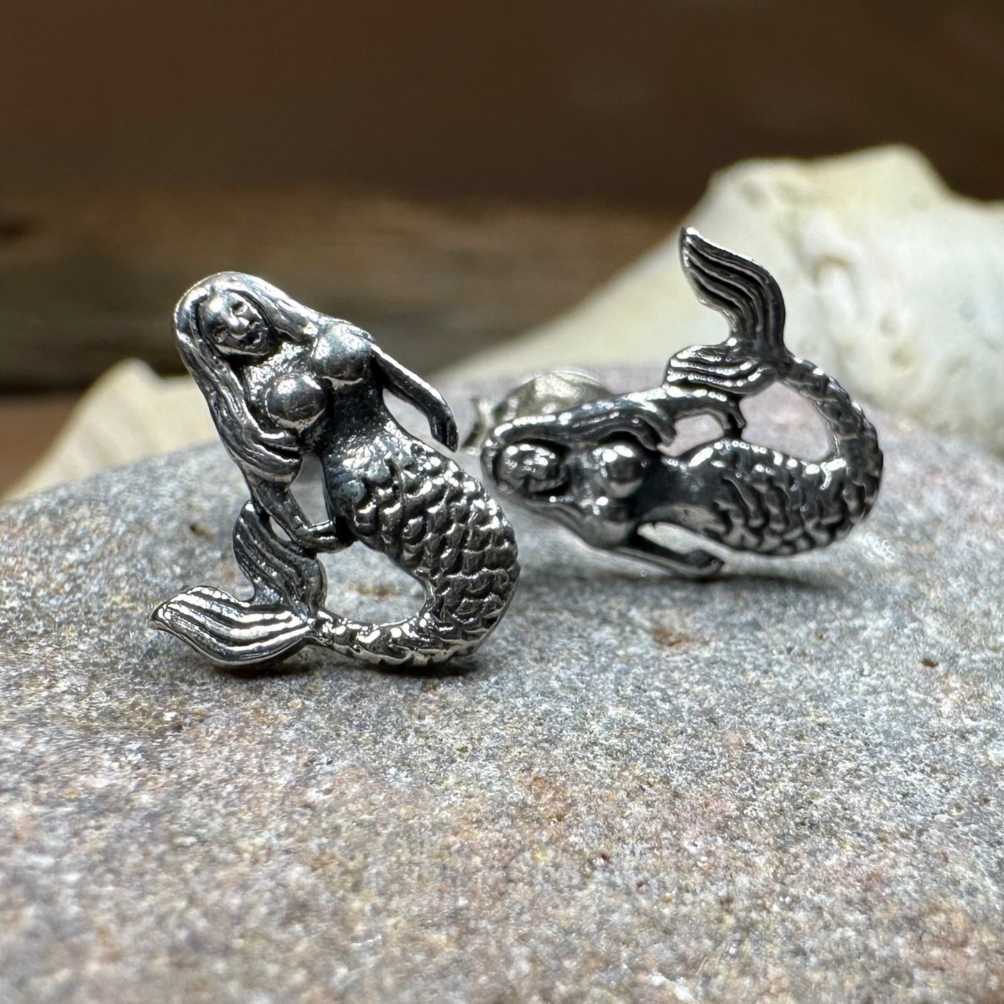 Beach Loving Mermaid Post Earrings in Sterling Silver