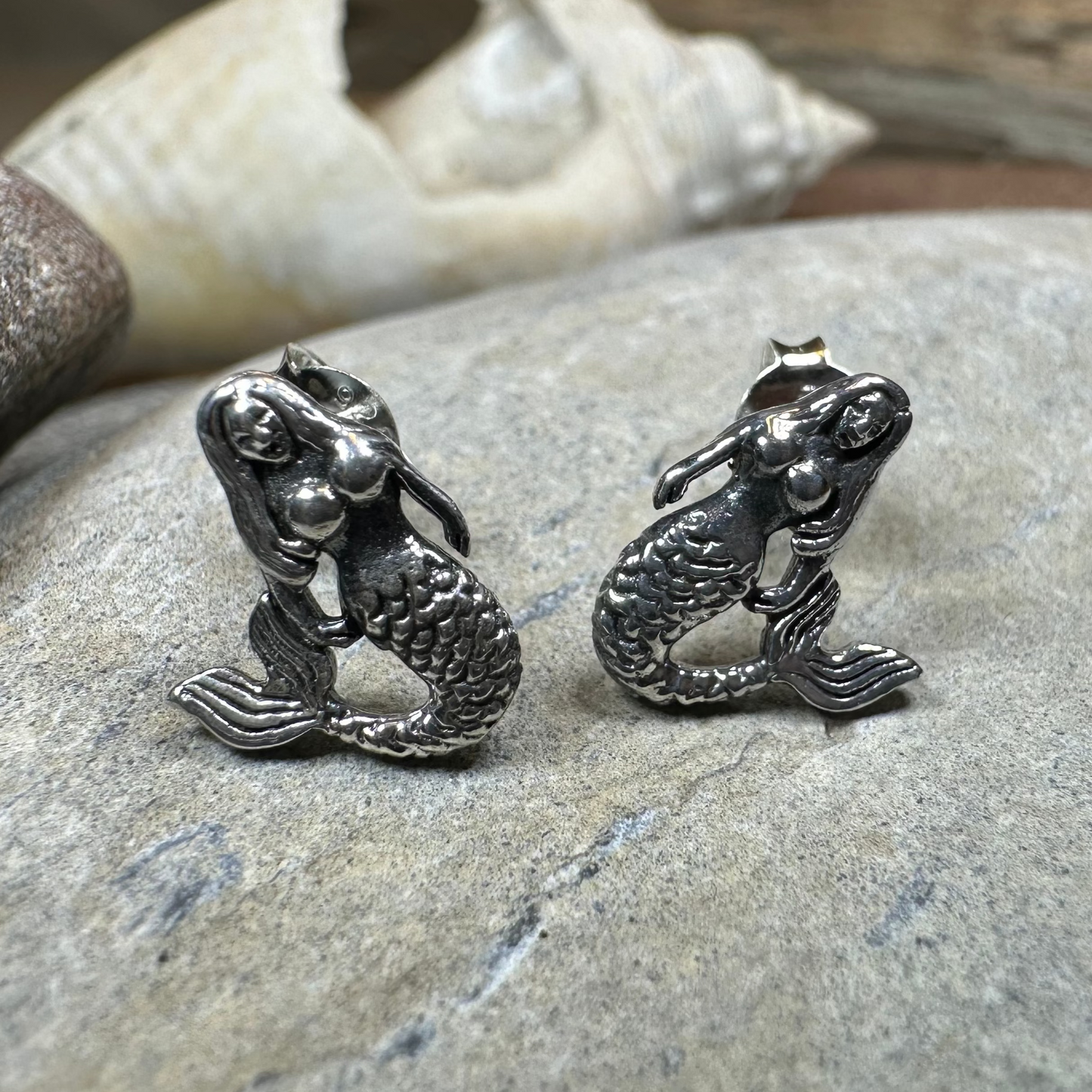 Beach Loving Mermaid Post Earrings in Sterling Silver