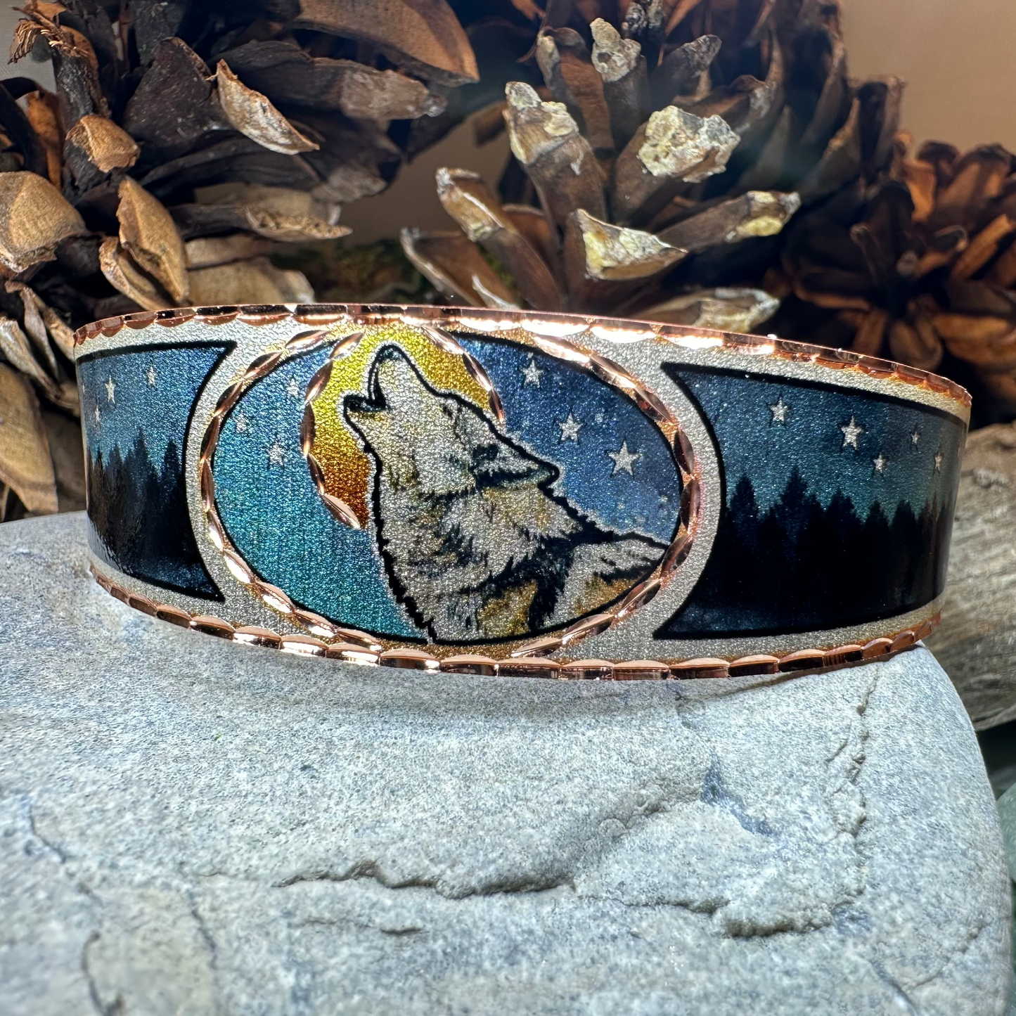 Starry Night Wolf Copper Cuff Bracelet