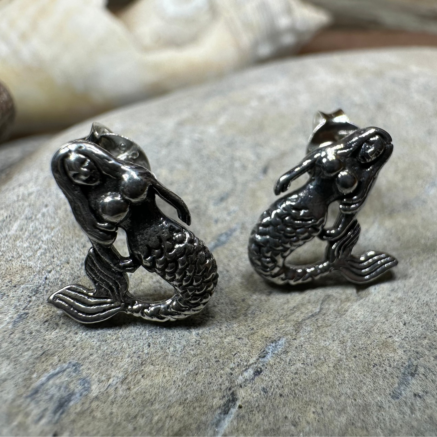 Beach Loving Mermaid Post Earrings in Sterling Silver