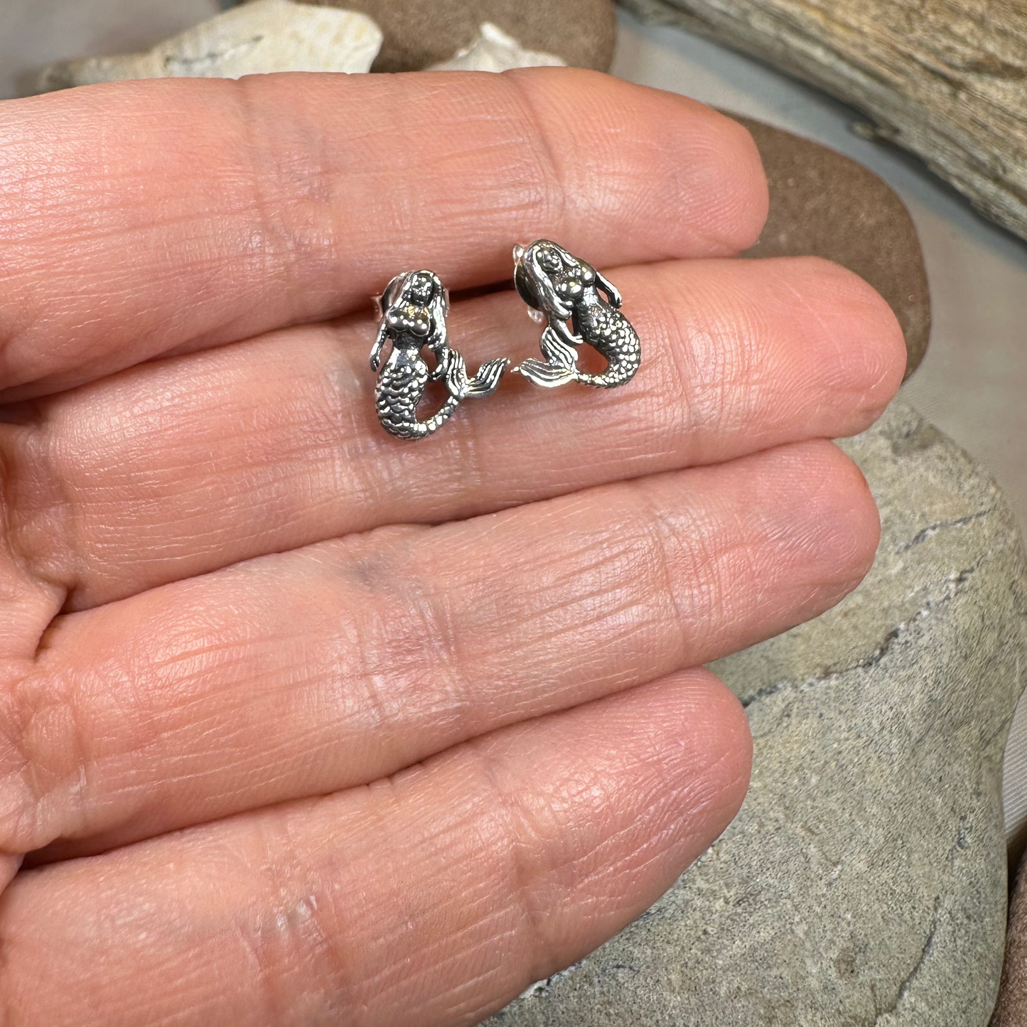 Beach Loving Mermaid Post Earrings in Sterling Silver