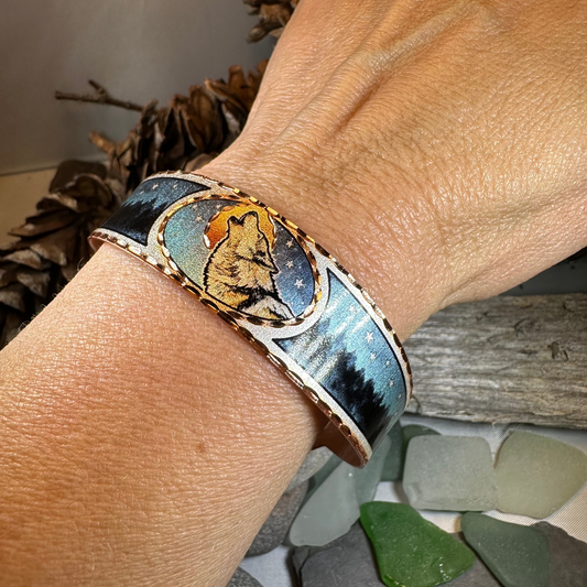 Starry Night Wolf Copper Cuff Bracelet — view 3