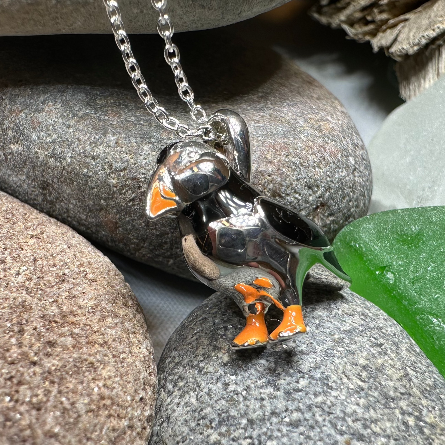 Enamel Puffin Necklace in Sterling Silver