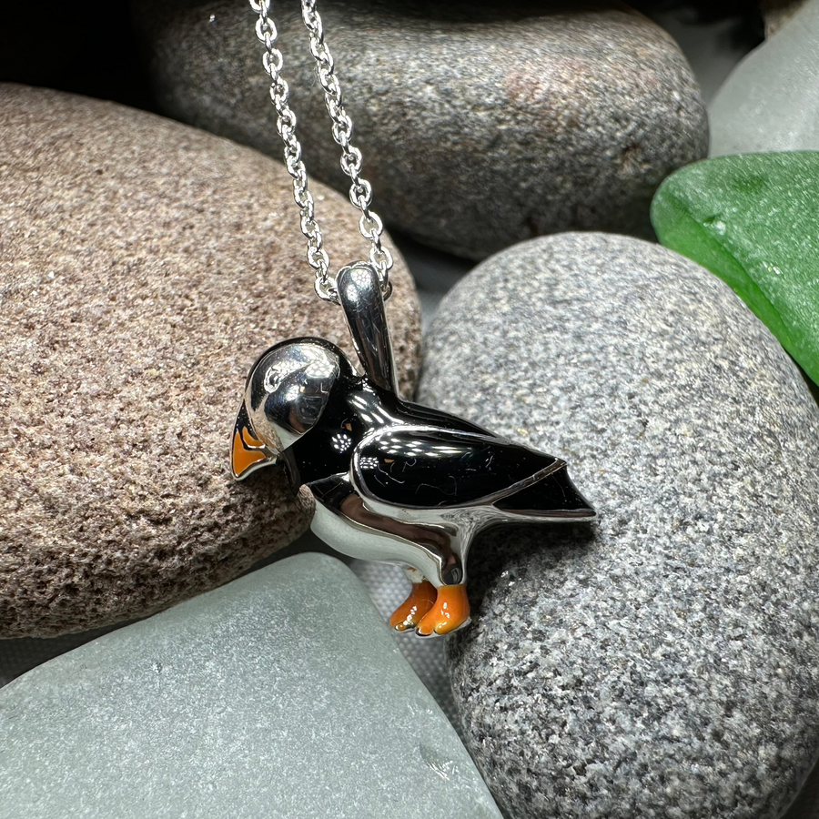 Enamel Puffin Necklace in Sterling Silver