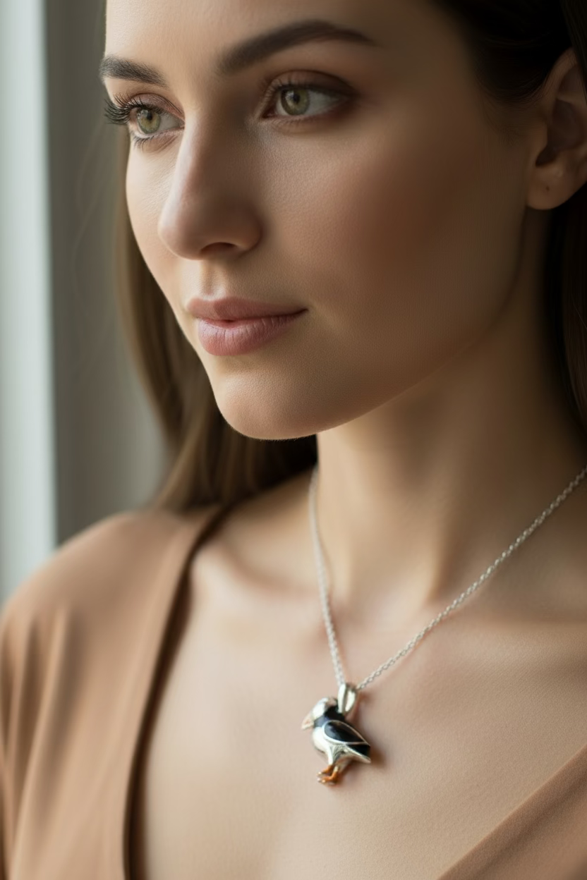 Enamel Puffin Necklace in Sterling Silver