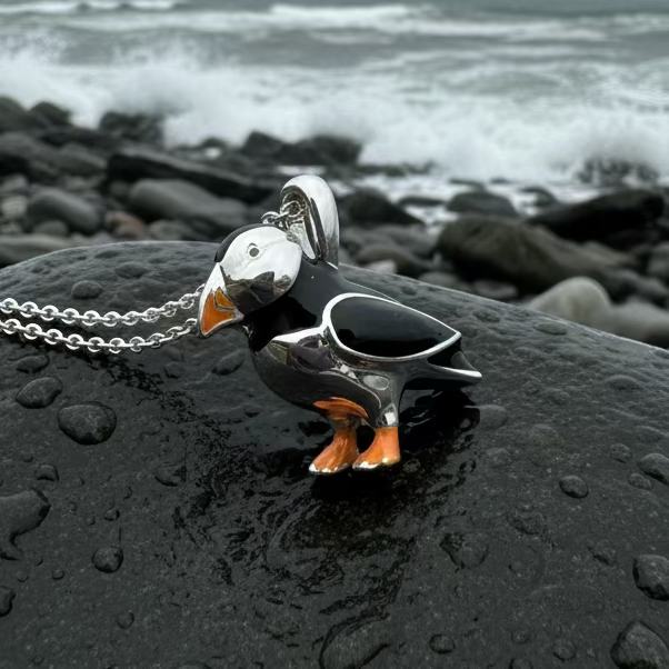 Enamel Puffin Necklace in Sterling Silver