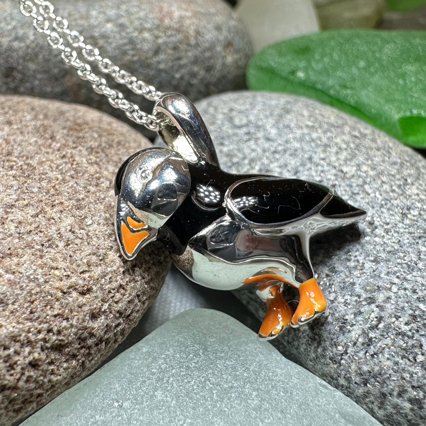 Enamel Puffin Necklace in Sterling Silver