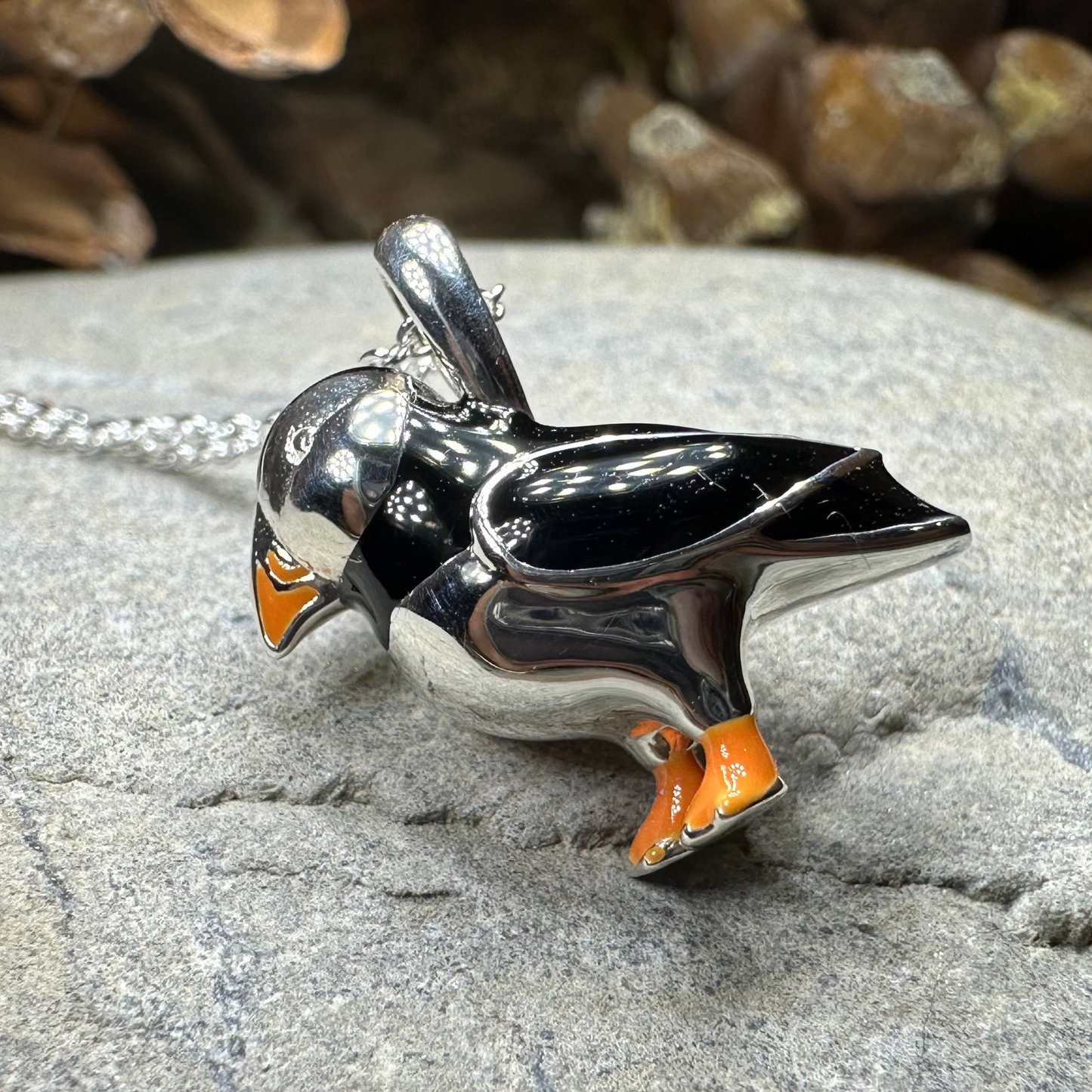 Enamel Puffin Necklace in Sterling Silver