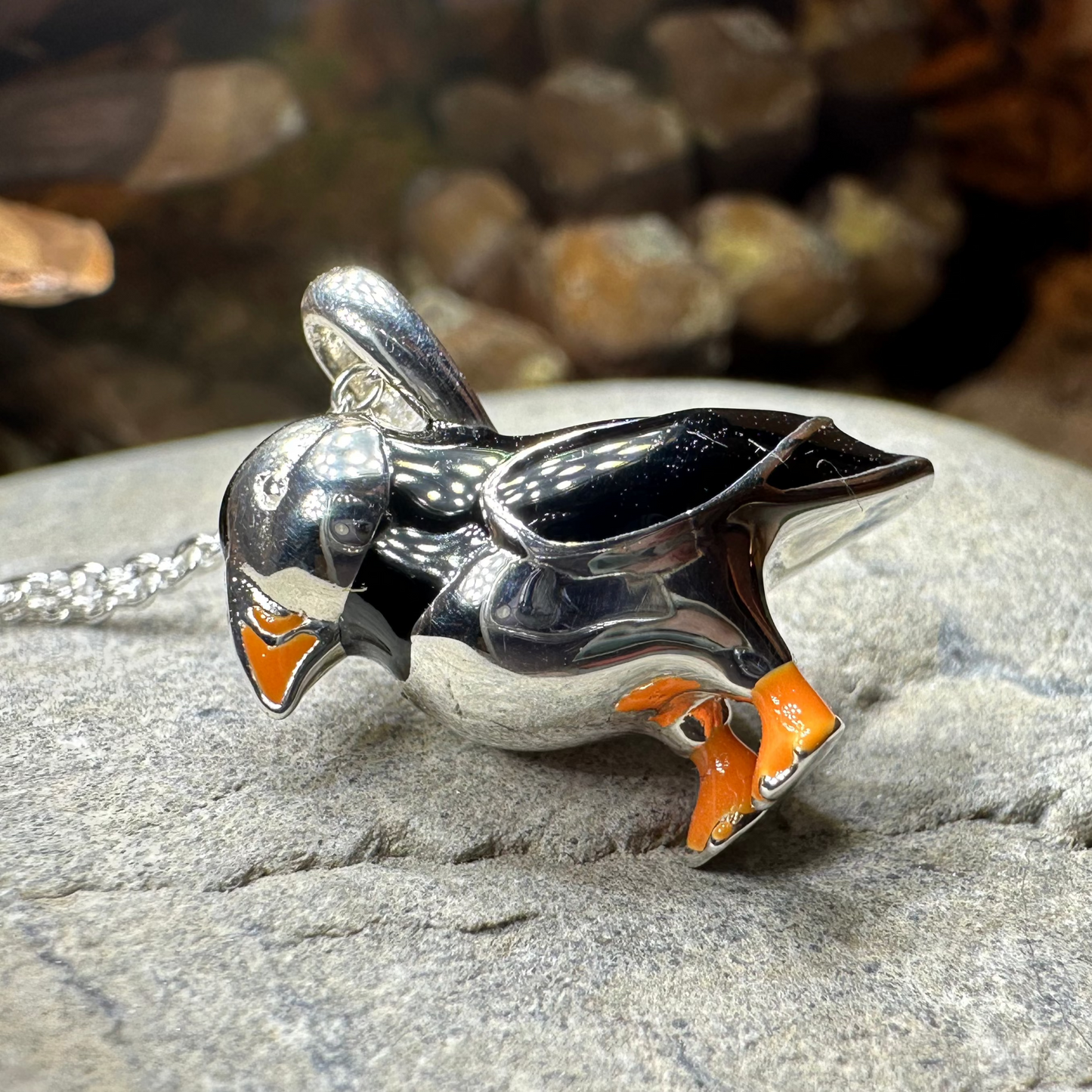 Enamel Puffin Necklace in Sterling Silver