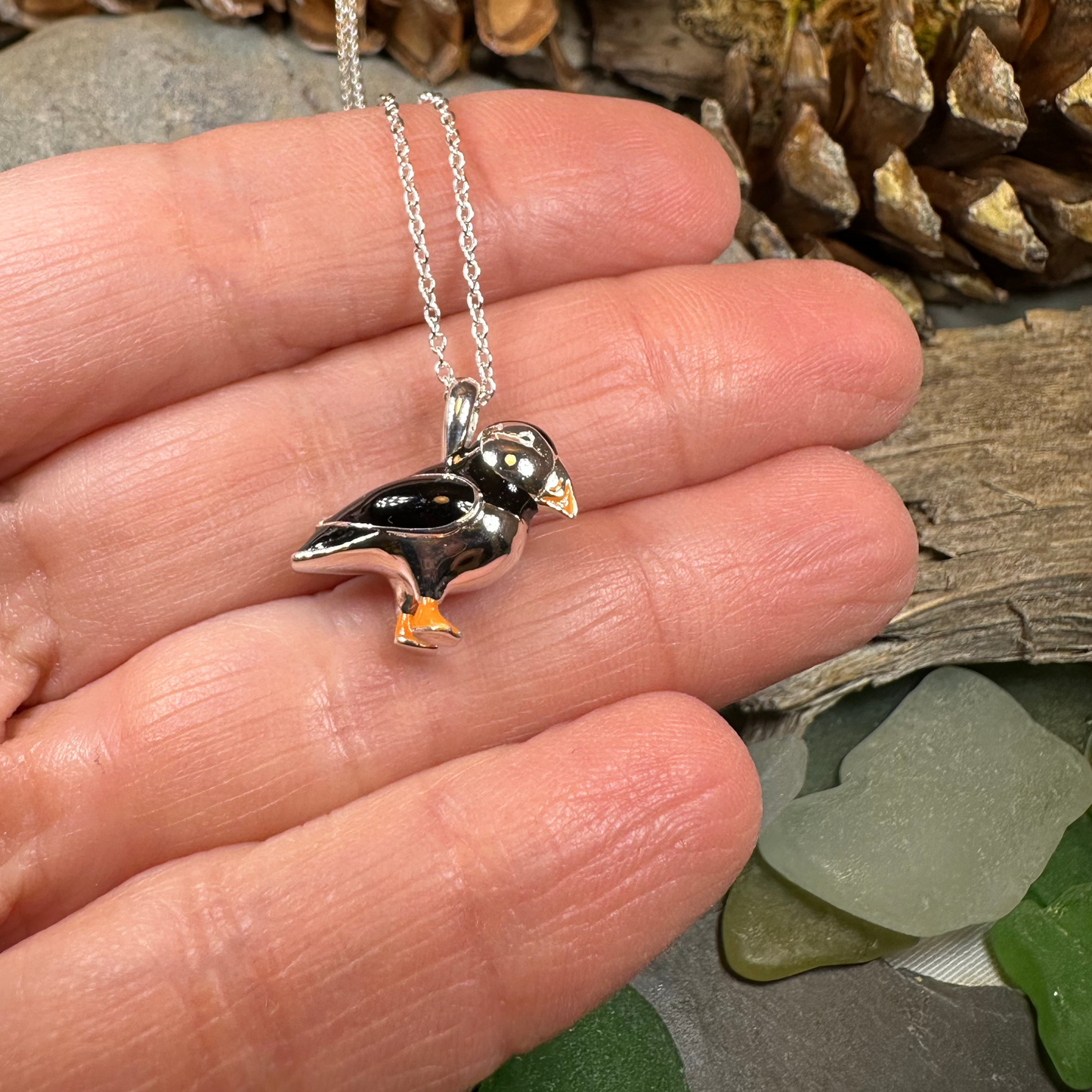 Enamel Puffin Necklace in Sterling Silver