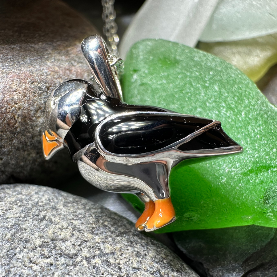 Enamel Puffin Necklace in Sterling Silver