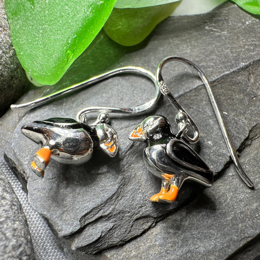 Enamel Puffin Earrings in Sterling Silver