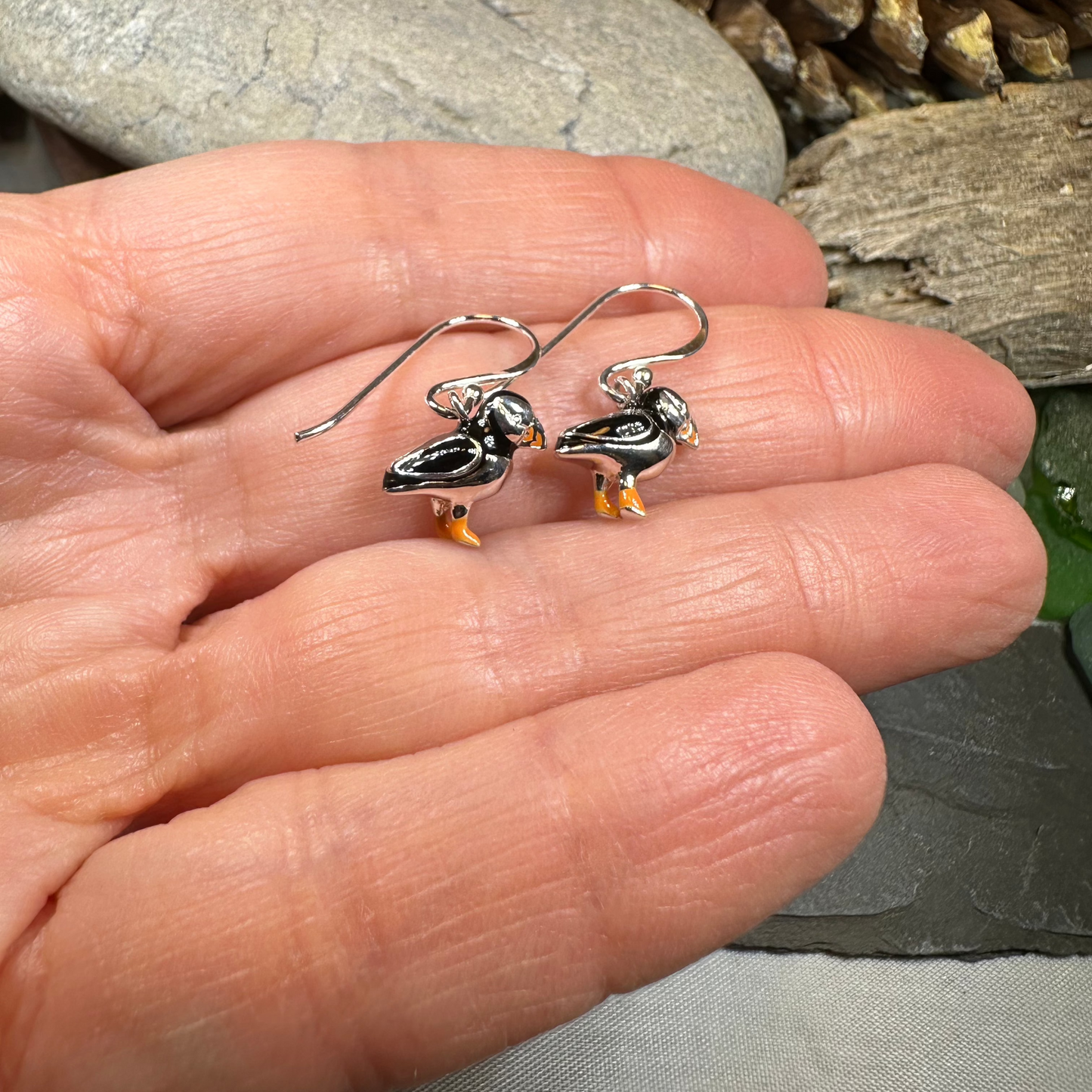 Enamel Puffin Earrings in Sterling Silver